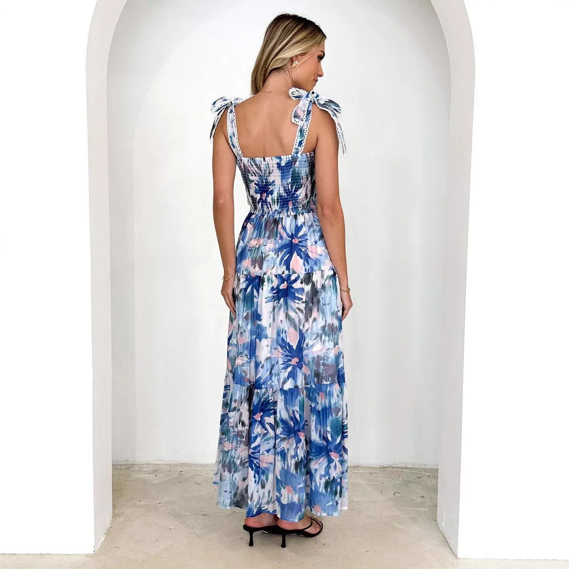 Women’s Maxi Dress – Smocked Bodice – Tie Shoulder Straps – Flowy Lightweight Skirt