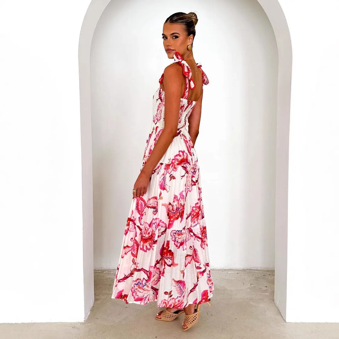 Women’s Maxi Dress – Smocked Bodice – Tie Shoulder Straps – Flowy Lightweight Skirt