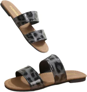 Women's One Foot Stirrup Leopard Print Flat Sandals, Summer Double Strap Design Casual Comfortable Open Toe Beach Slippers Lightweight Non-Slip