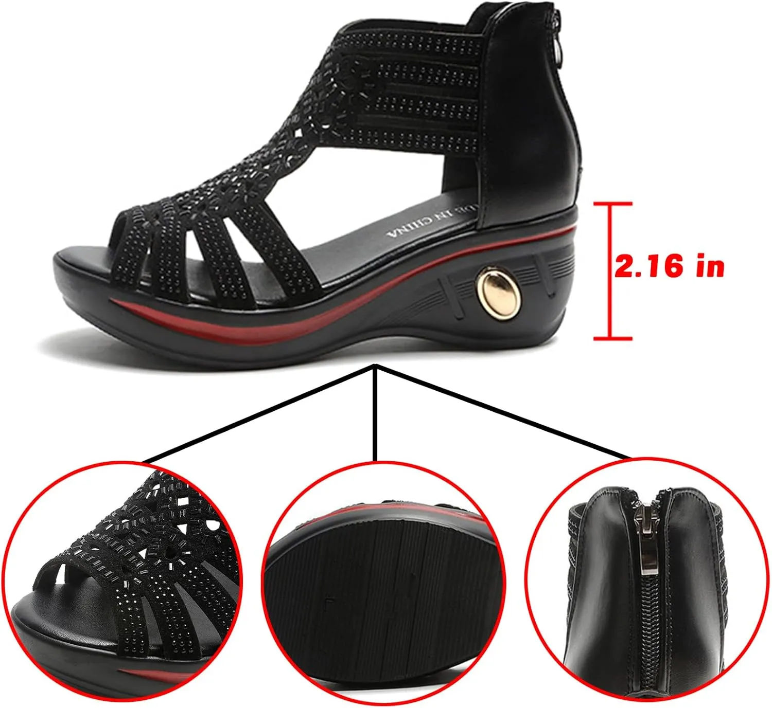 Womens' Open Toe Leather Rhinestones Wedge Sandals,Casual Hollow Out Slip-On Back Zipper Low Heel Roman Shoes，Fashion Lightweight Wedding Party Dress Shoes