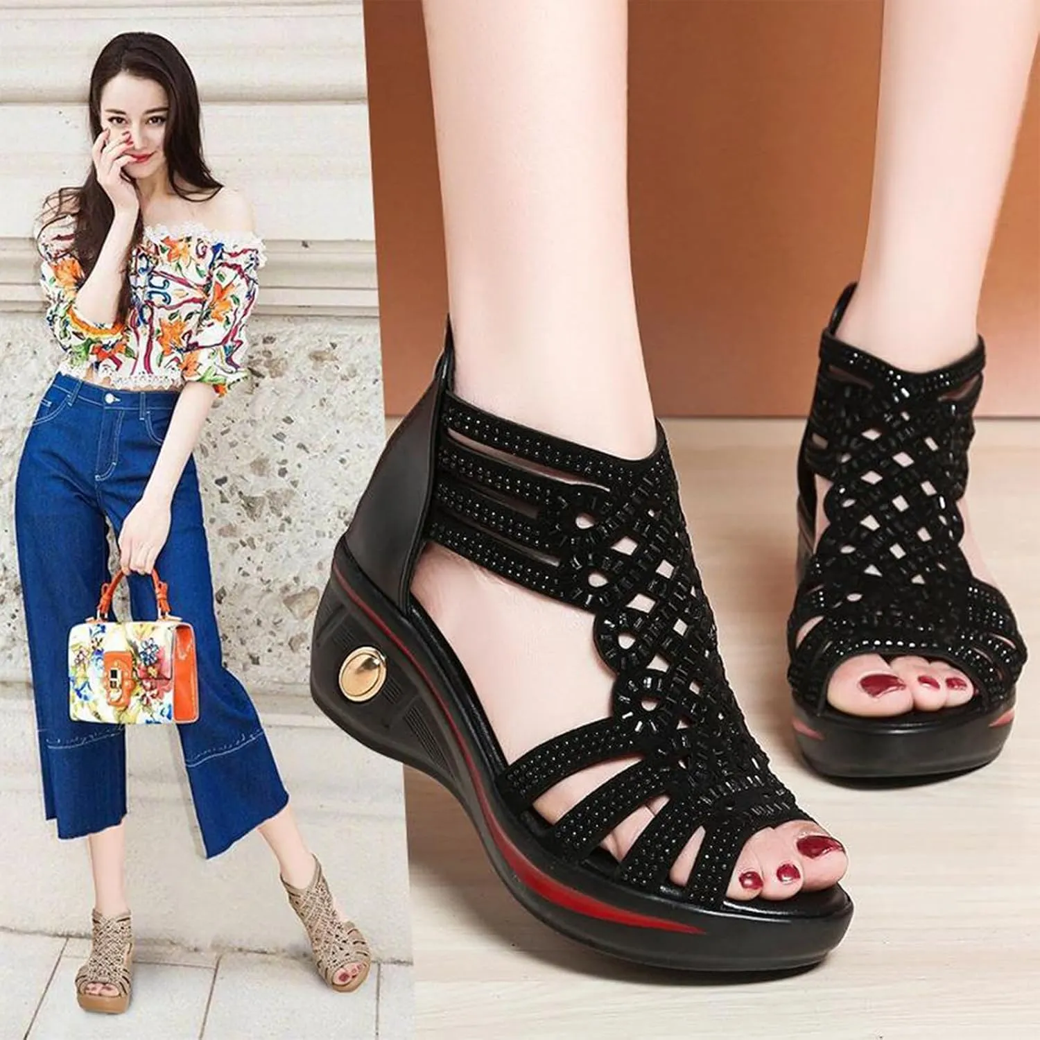 Womens' Open Toe Leather Rhinestones Wedge Sandals,Casual Hollow Out Slip-On Back Zipper Low Heel Roman Shoes，Fashion Lightweight Wedding Party Dress Shoes