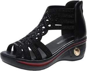 Womens' Open Toe Leather Rhinestones Wedge Sandals,Casual Hollow Out Slip-On Back Zipper Low Heel Roman Shoes，Fashion Lightweight Wedding Party Dress Shoes