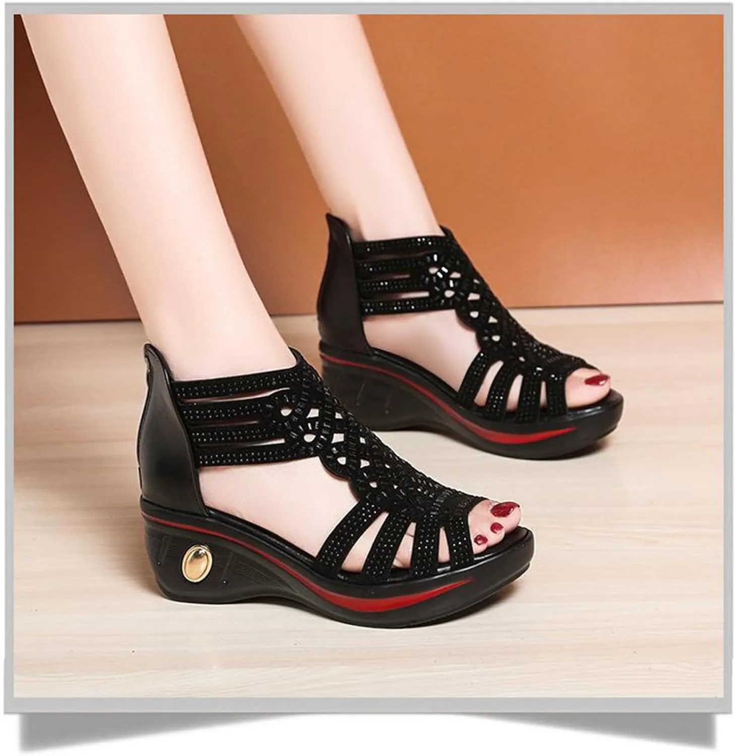 Womens' Open Toe Leather Rhinestones Wedge Sandals,Casual Hollow Out Slip-On Back Zipper Low Heel Roman Shoes，Fashion Lightweight Wedding Party Dress Shoes