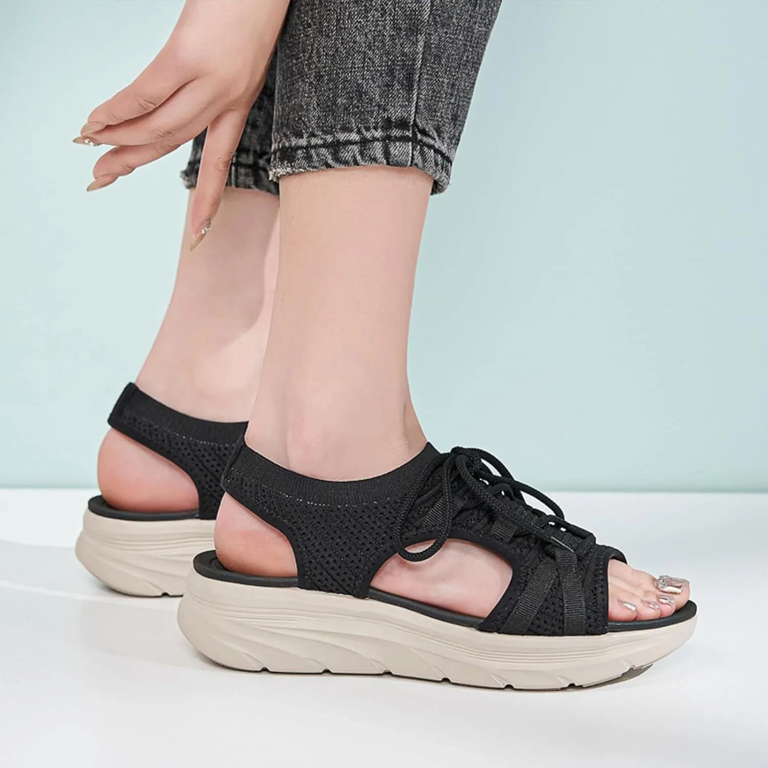 Women's Orthopedic Wedge Walking Sandals Lightweight Anti-Slip Platform Hiking Sandals Comfortable Casual Lace-Up Slingback Sports Sandals for Women Outdoor Everyday Wear