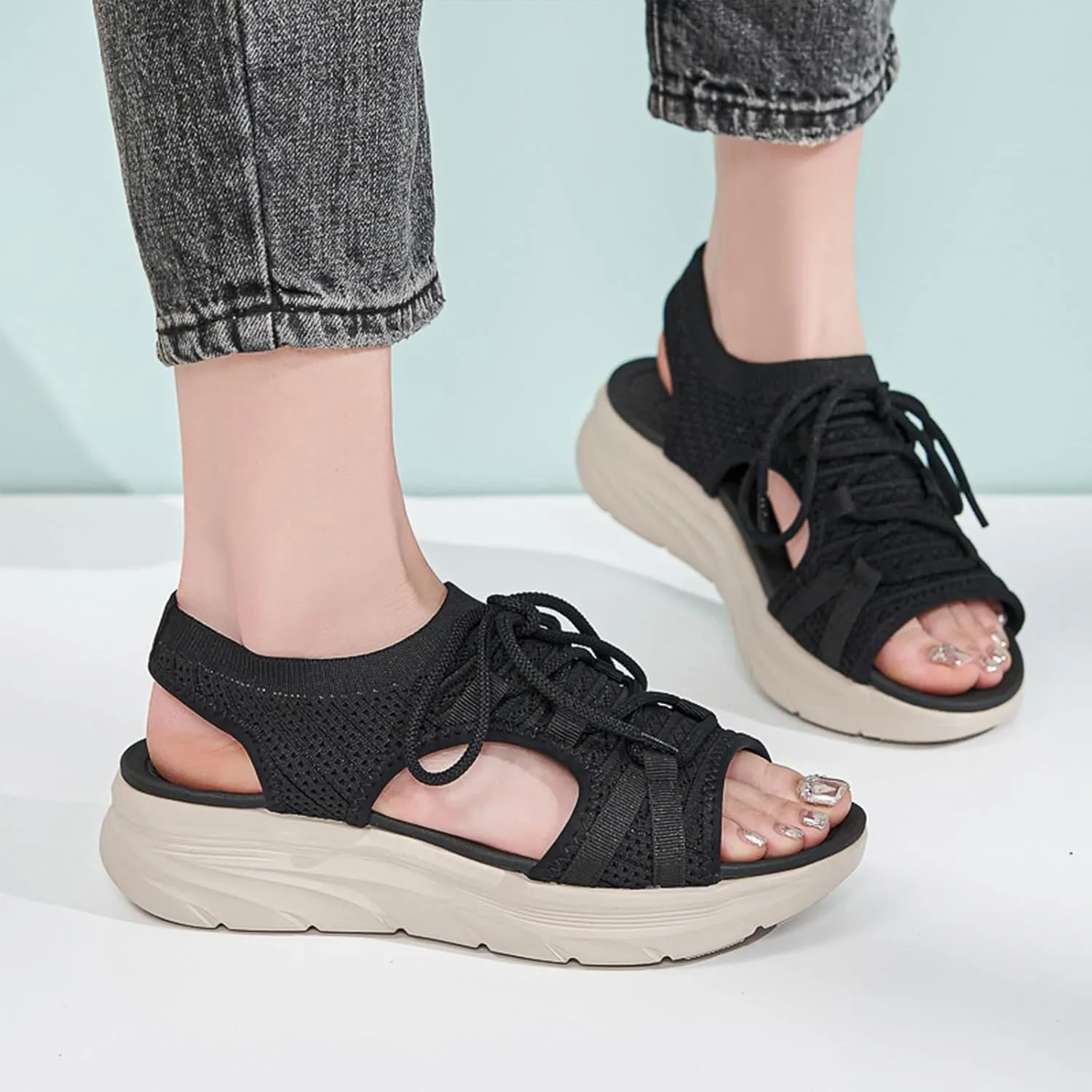 Women's Orthopedic Wedge Walking Sandals Lightweight Anti-Slip Platform Hiking Sandals Comfortable Casual Lace-Up Slingback Sports Sandals for Women Outdoor Everyday Wear