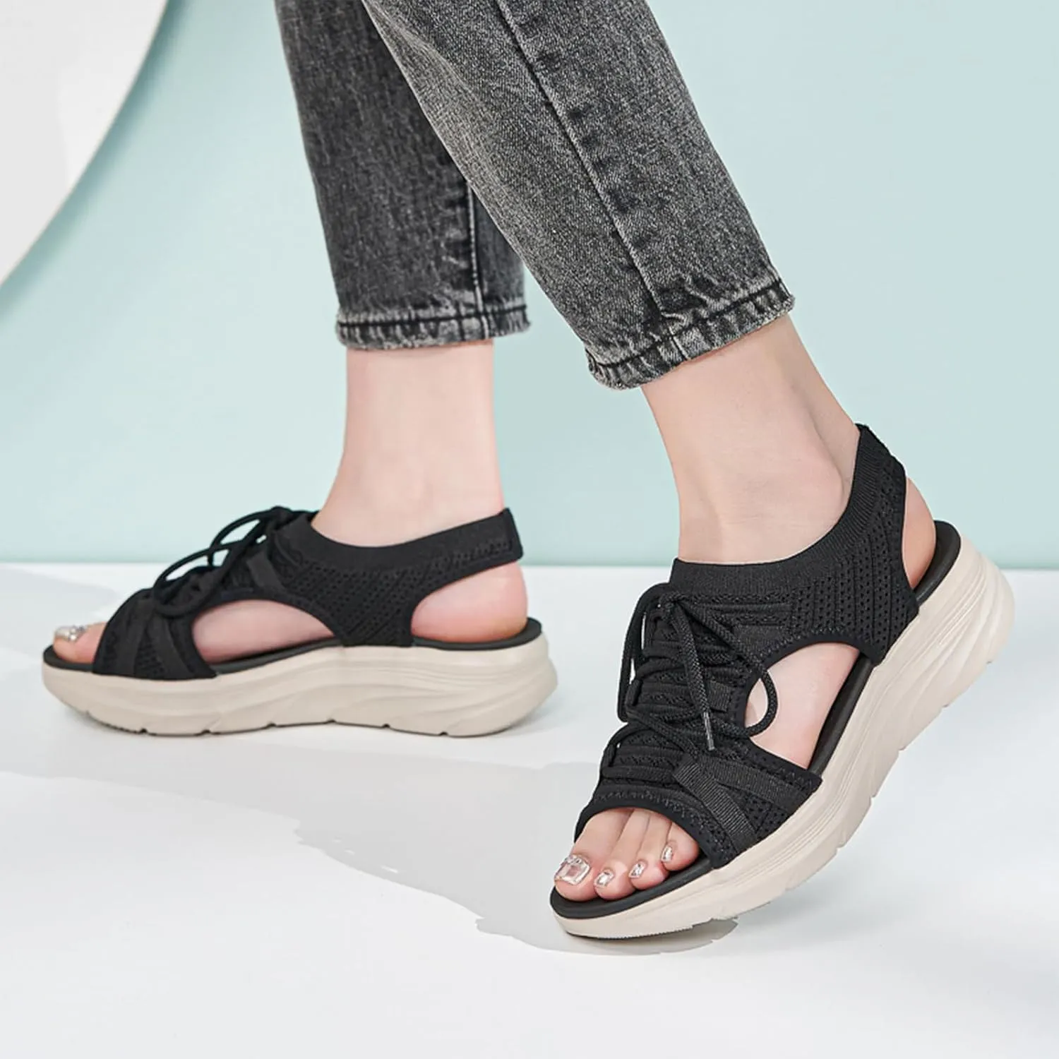 Women's Orthopedic Wedge Walking Sandals Lightweight Anti-Slip Platform Hiking Sandals Comfortable Casual Lace-Up Slingback Sports Sandals for Women Outdoor Everyday Wear