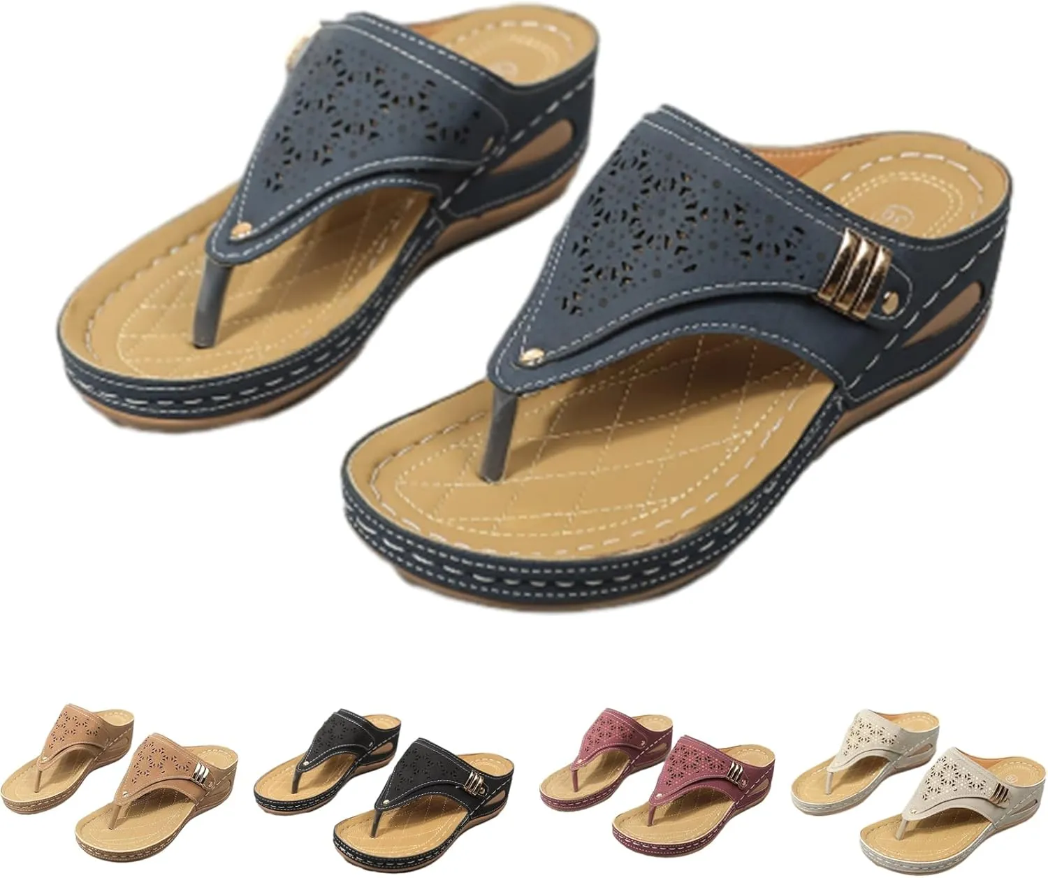 Women's Orthoptic Lightweight Breathable Mesh Sporty Sandals Wedges Thick-Soled Flip-Flops Open Toe Beach Sandals, Blue