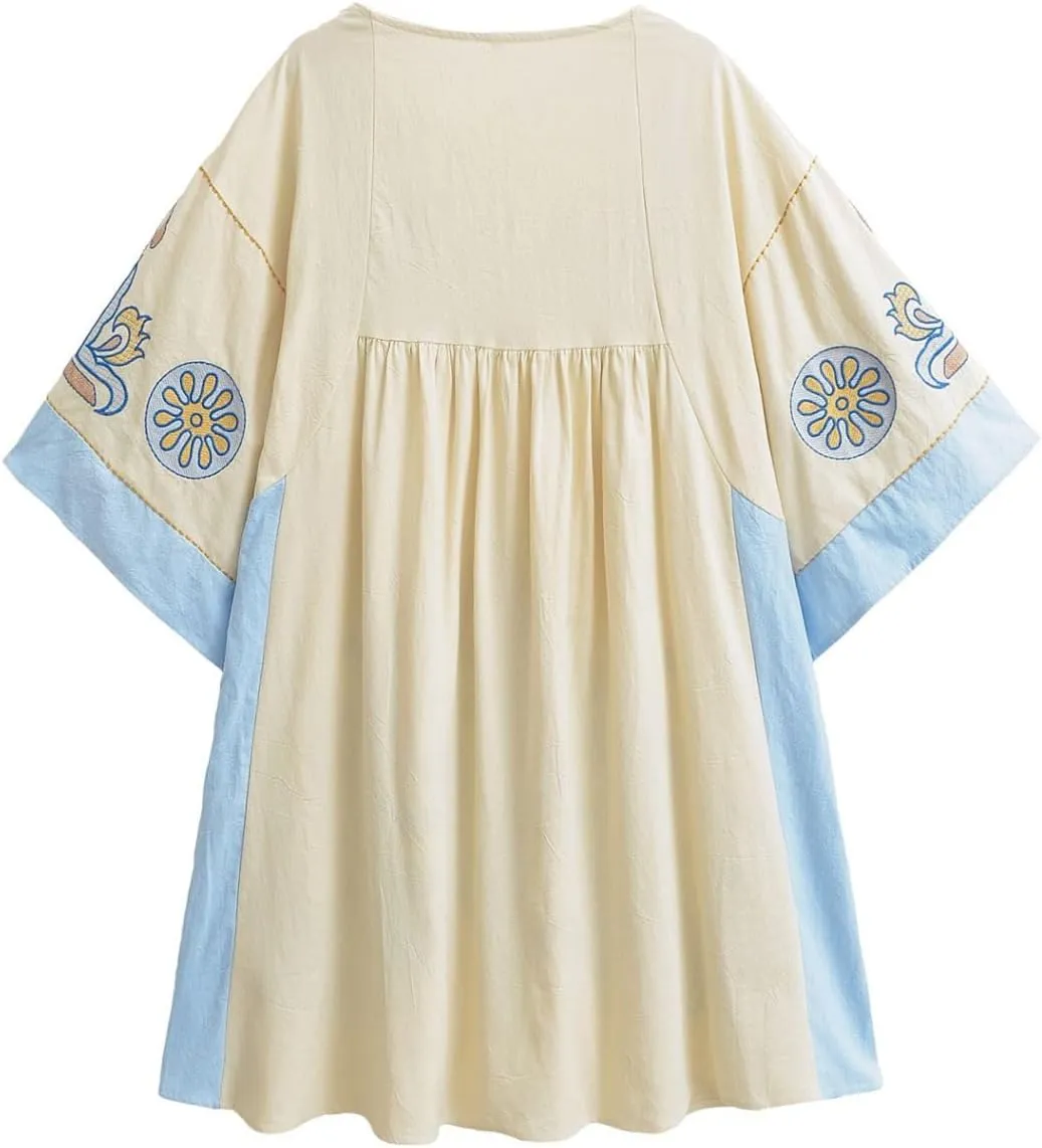 Womens Oversized Embroidered Dress with V-Neck and 3/4 Sleeves Vintage Embroidery Babydoll Dress