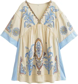 Womens Oversized Embroidered Dress with V-Neck and 3/4 Sleeves Vintage Embroidery Babydoll Dress
