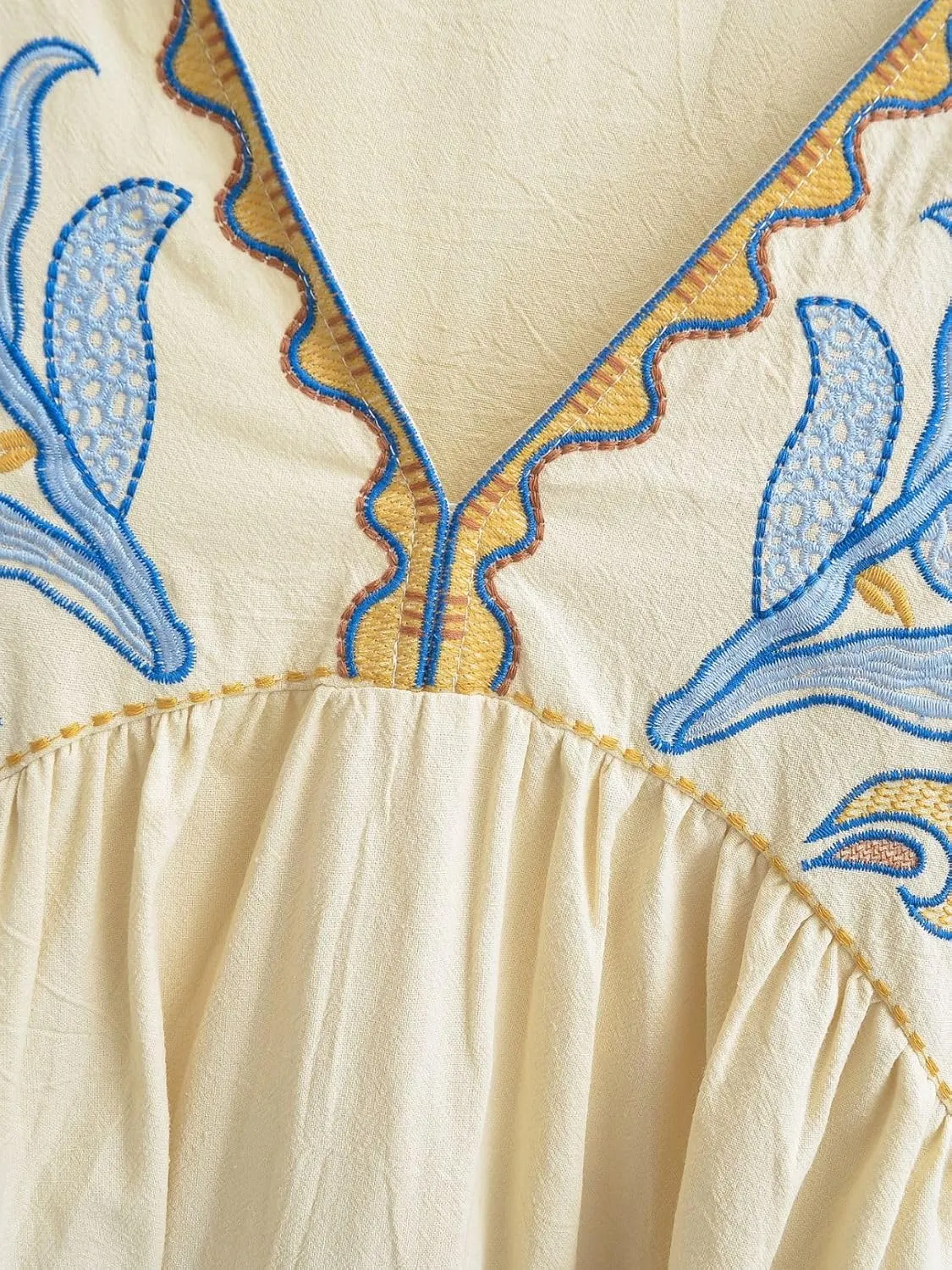 Womens Oversized Embroidered Dress with V-Neck and 3/4 Sleeves Vintage Embroidery Babydoll Dress