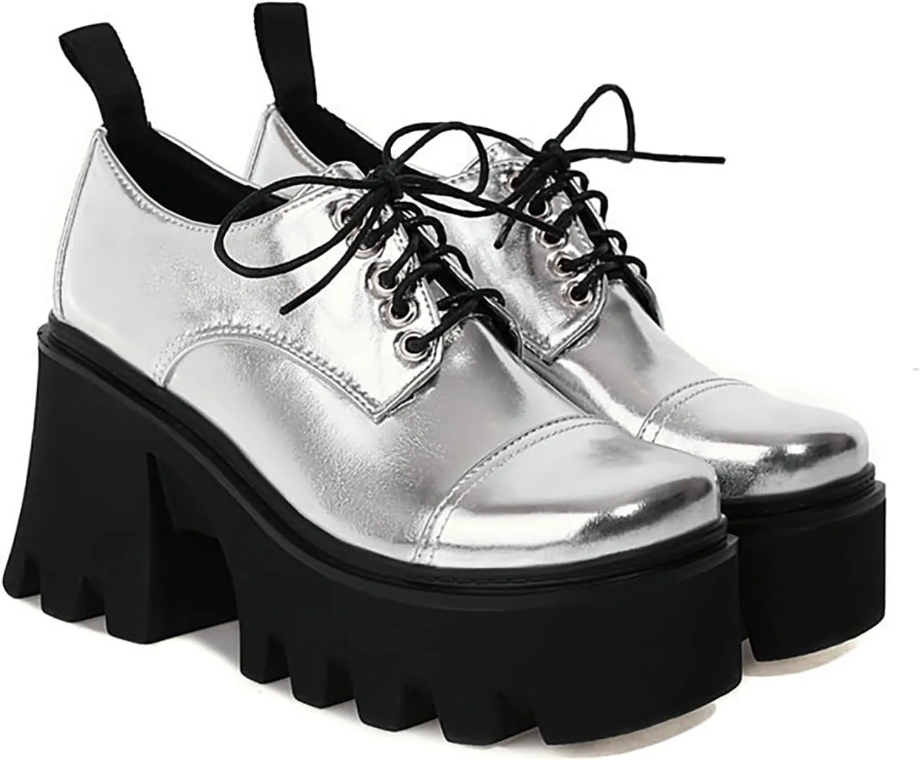 Women's Patent Leather Lug Sole Chunky Heel Oxfords,Fashion Lace Up Height Increase Platform Gothic Oxfords Pumps Business Work Dress Shoes