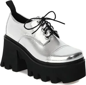 Women's Patent Leather Lug Sole Chunky Heel Oxfords,Fashion Lace Up Height Increase Platform Gothic Oxfords Pumps Business Work Dress Shoes