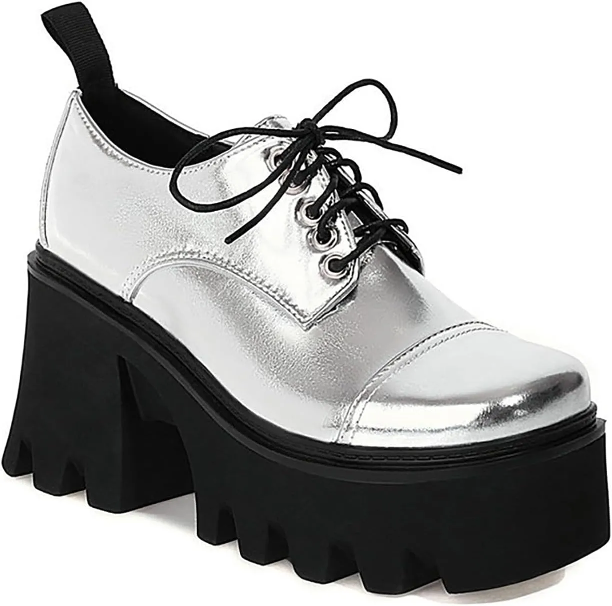 Women's Patent Leather Lug Sole Chunky Heel Oxfords,Fashion Lace Up Height Increase Platform Gothic Oxfords Pumps Business Work Dress Shoes
