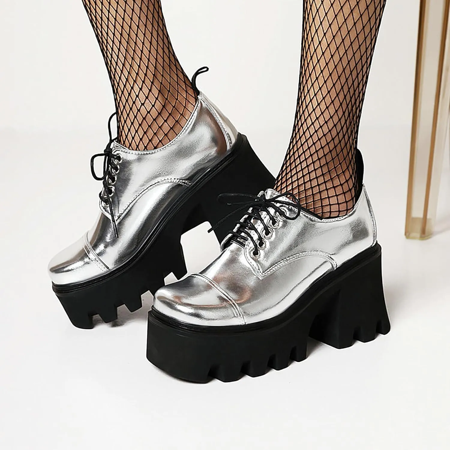 Women's Patent Leather Lug Sole Chunky Heel Oxfords,Fashion Lace Up Height Increase Platform Gothic Oxfords Pumps Business Work Dress Shoes