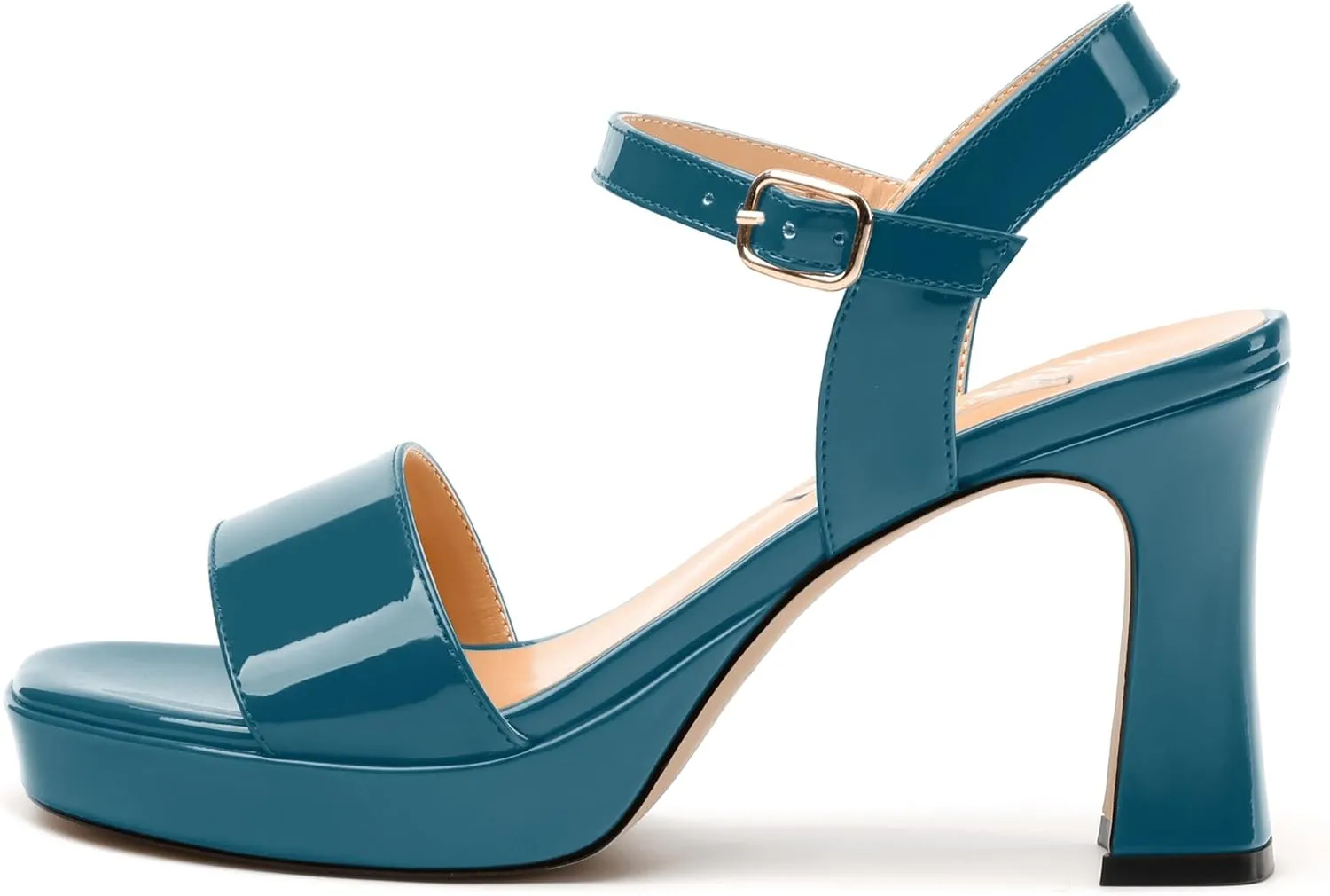 Womens Platform Sandals, Chunky High Heel Sqaure Teo Sandals, Open Toe Comfort Dress Sandals for Women, Ankle Strap Buckle Patent Sandals