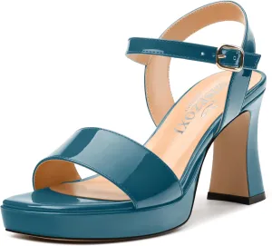 Womens Platform Sandals, Chunky High Heel Sqaure Teo Sandals, Open Toe Comfort Dress Sandals for Women, Ankle Strap Buckle Patent Sandals