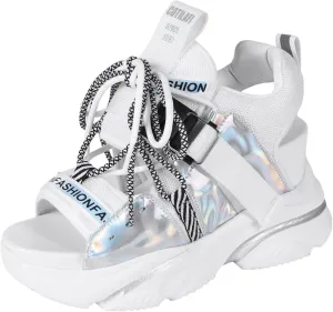 Women's Platform Wedge Sandals, Open-toe Colored Casual Slope Heel Sandals, Lace-up Light Sports Shoes, Muffin Shoes Cushion Slip-on Design Lightweight Comfort