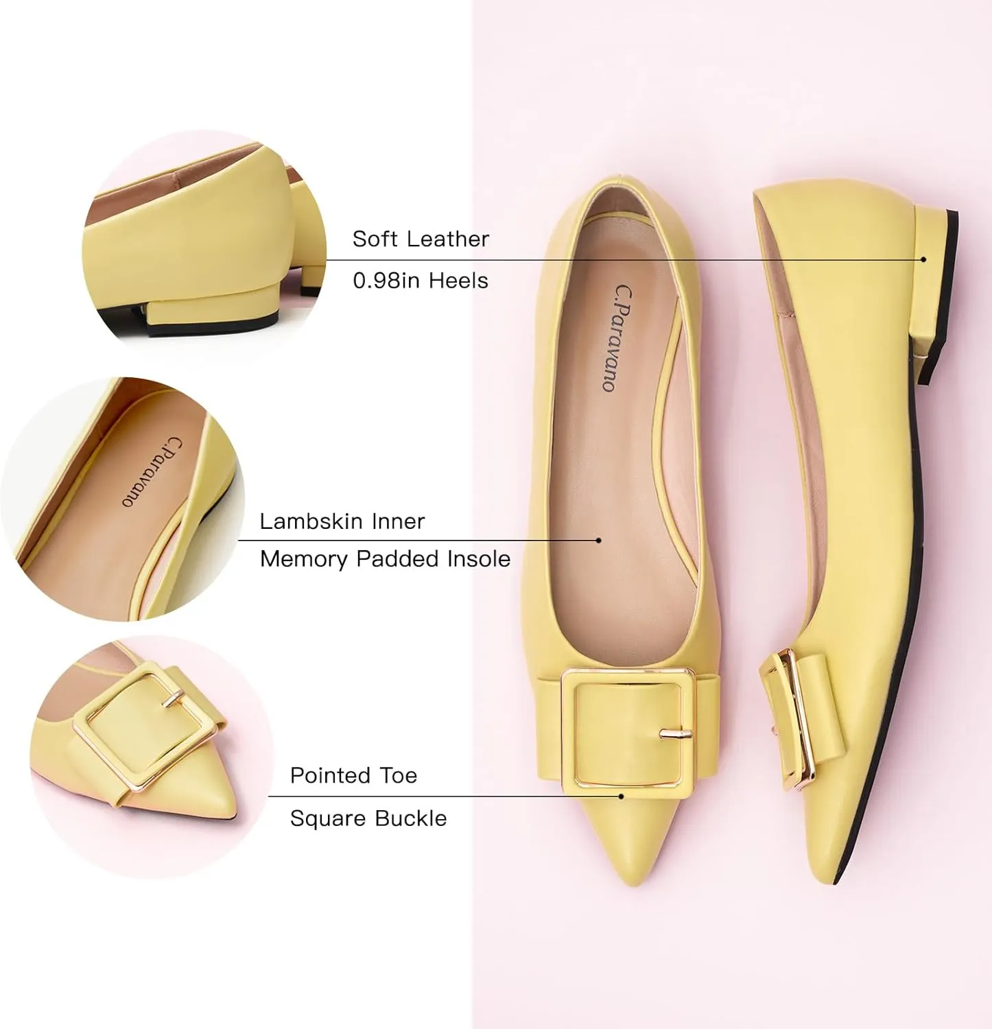 Women's Pointed Toe Square Buckle Flats Elegant Slip-On Ballet Flats Comfortable Dressy Shoes for Work Party Daily Wear