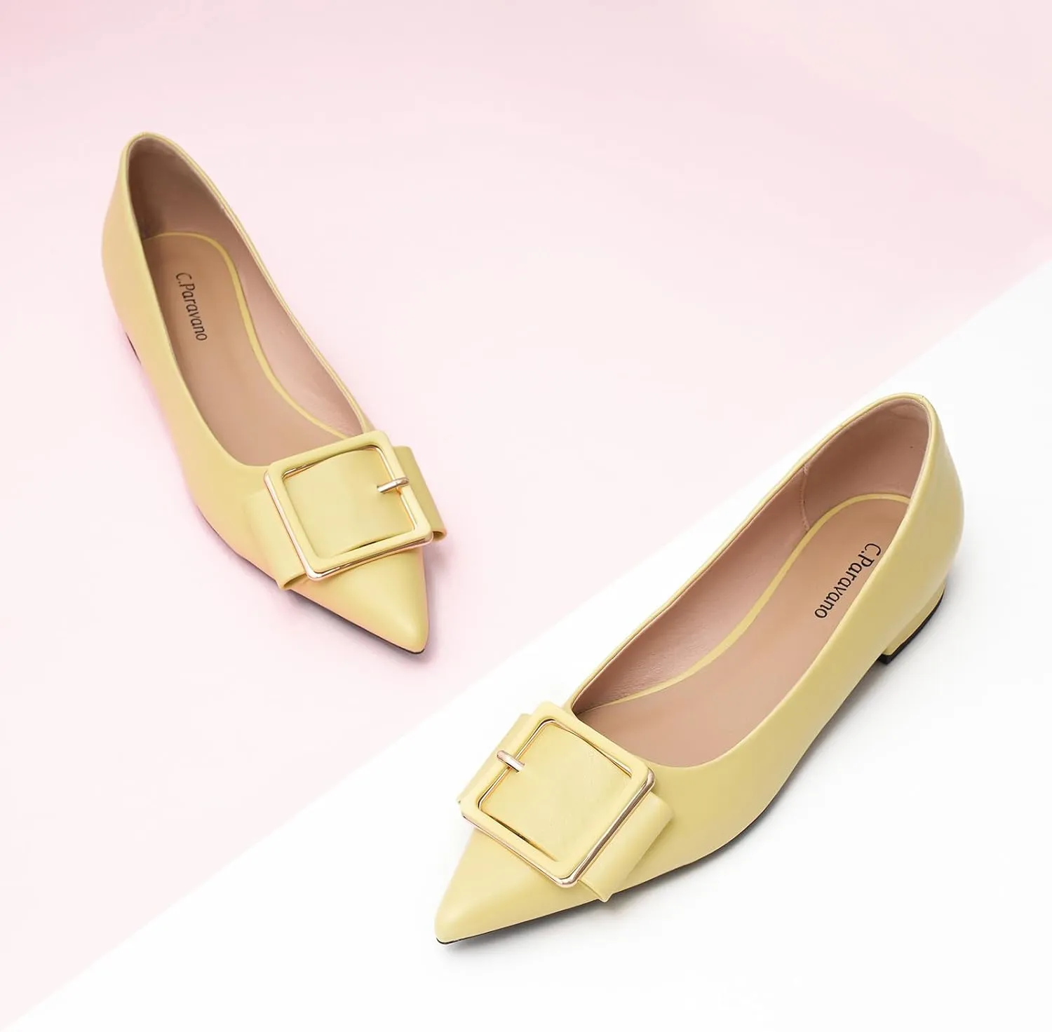 Women's Pointed Toe Square Buckle Flats Elegant Slip-On Ballet Flats Comfortable Dressy Shoes for Work Party Daily Wear