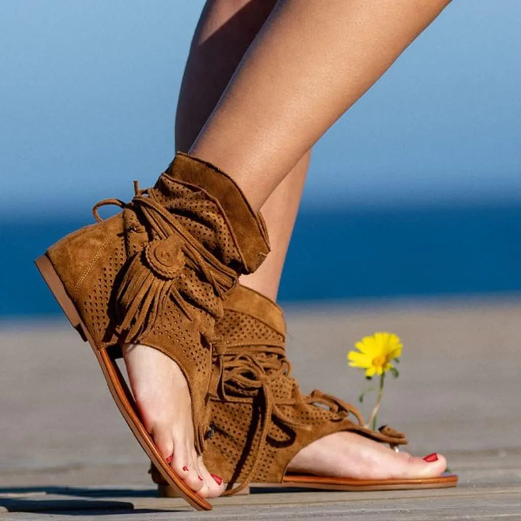 Women's Sandals Flat Flip Flops Casual Tassel Retro Bohemian Gladiator Fringe Dressy Clip Toe Sandals Summer Breathable Waterproof Mesh Slippers t-Strap Beach Parties Walking Sandal