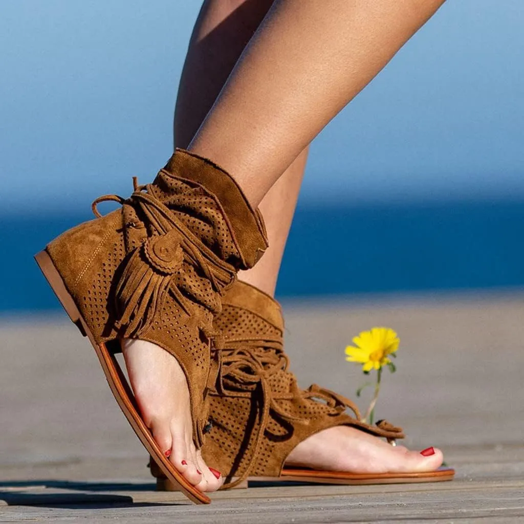 Women's Sandals Flat Flip Flops Casual Tassel Retro Bohemian Gladiator Fringe Dressy Clip Toe Sandals Summer Breathable Waterproof Mesh Slippers t-Strap Beach Parties Walking Sandal