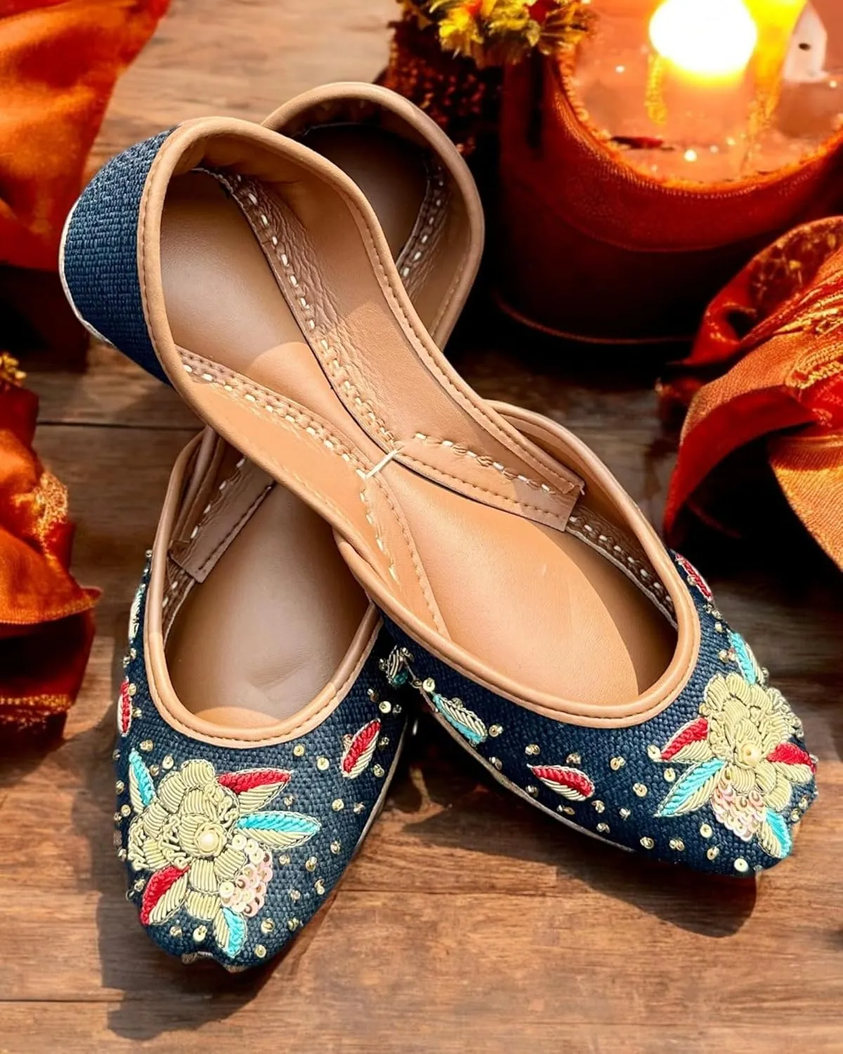 Women's Slip On Traditional Handmade Khussa Bridal Mojari Punjabi Jutti Ethnic Ballet Flats