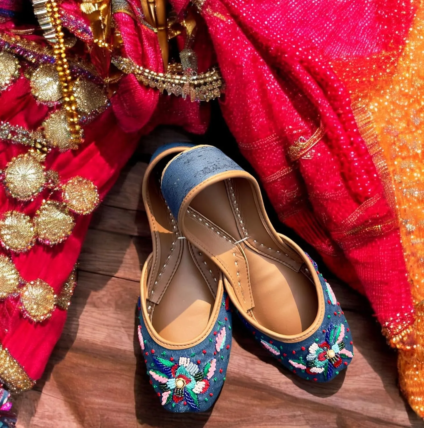 Women's Slip On Traditional Handmade Khussa Bridal Mojari Punjabi Jutti Ethnic Ballet Flats