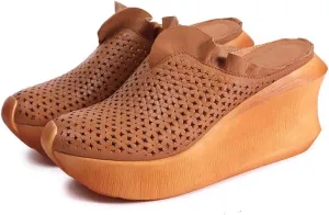 Womens Slippers Women Leather High Heels Wedge Slippers Women Handmade Platform Slippers Shoes