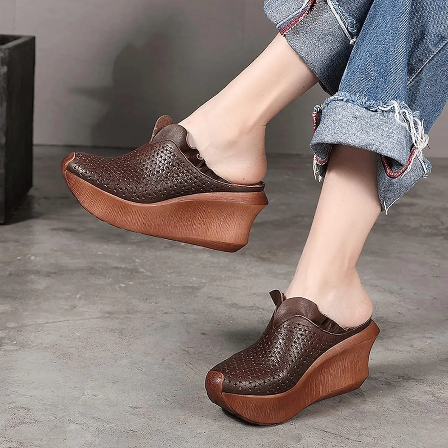 Womens Slippers Women Leather High Heels Wedge Slippers Women Handmade Platform Slippers Shoes
