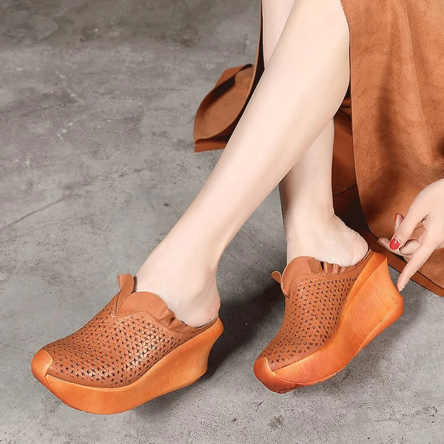 Womens Slippers Women Leather High Heels Wedge Slippers Women Handmade Platform Slippers Shoes