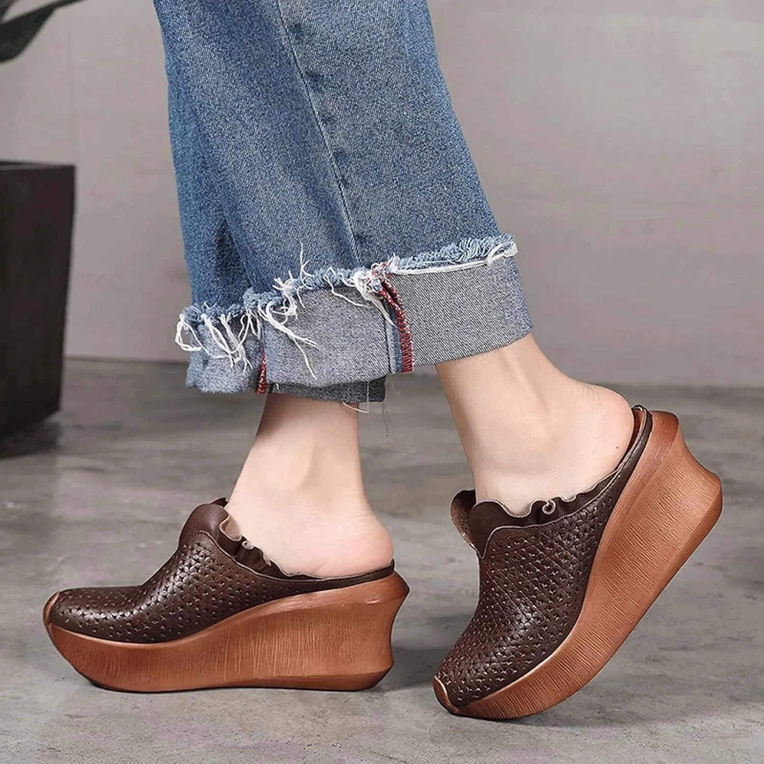 Womens Slippers Women Leather High Heels Wedge Slippers Women Handmade Platform Slippers Shoes