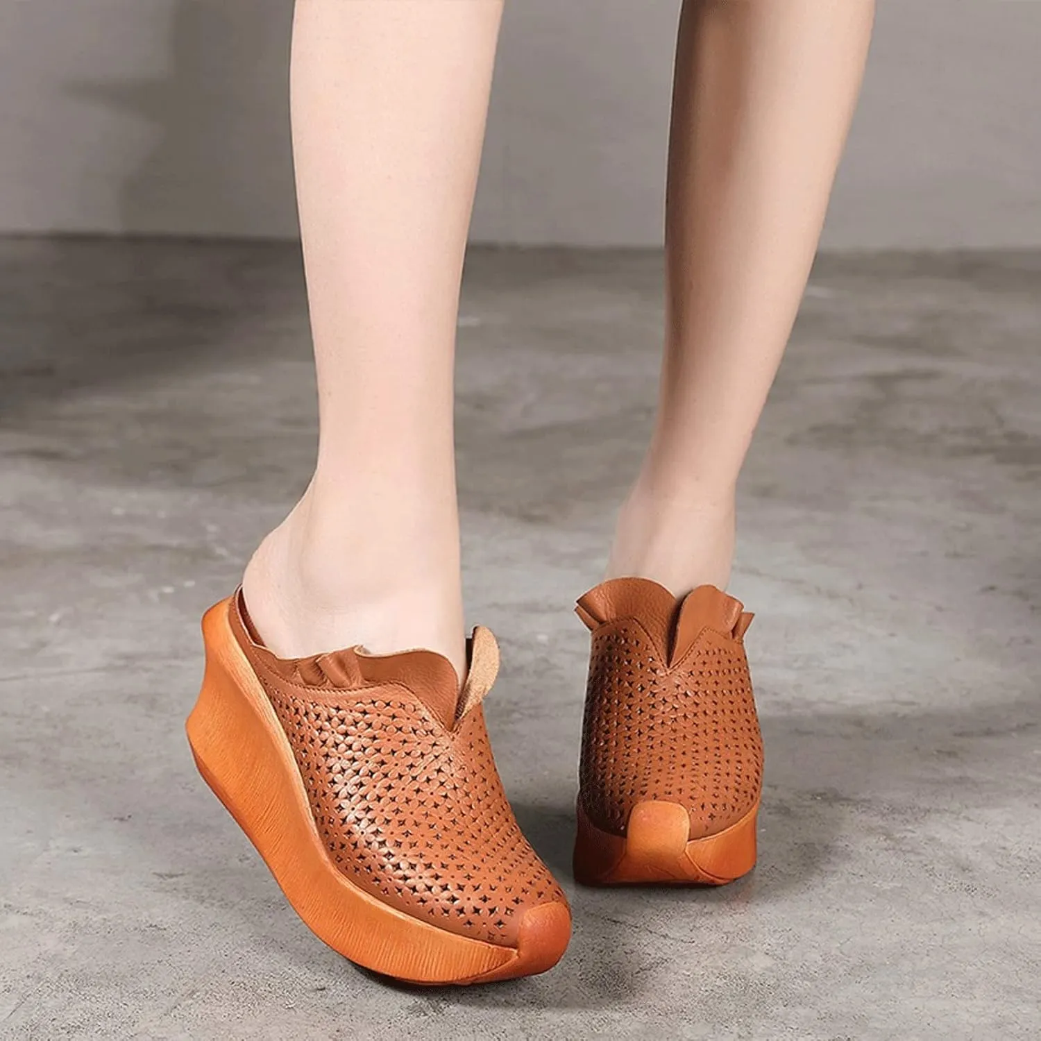 Womens Slippers Women Leather High Heels Wedge Slippers Women Handmade Platform Slippers Shoes