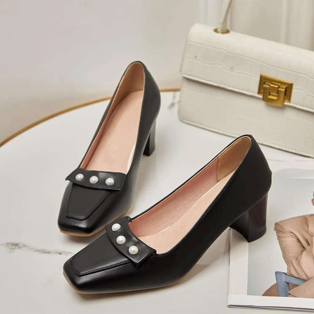 Women's Square Toe Pearls Slip On Loafers Pumps Chunky Block Mid Heels Work Office Pump Dress Shoes