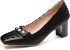 Women's Square Toe Pearls Slip On Loafers Pumps Chunky Block Mid Heels Work Office Pump Dress Shoes