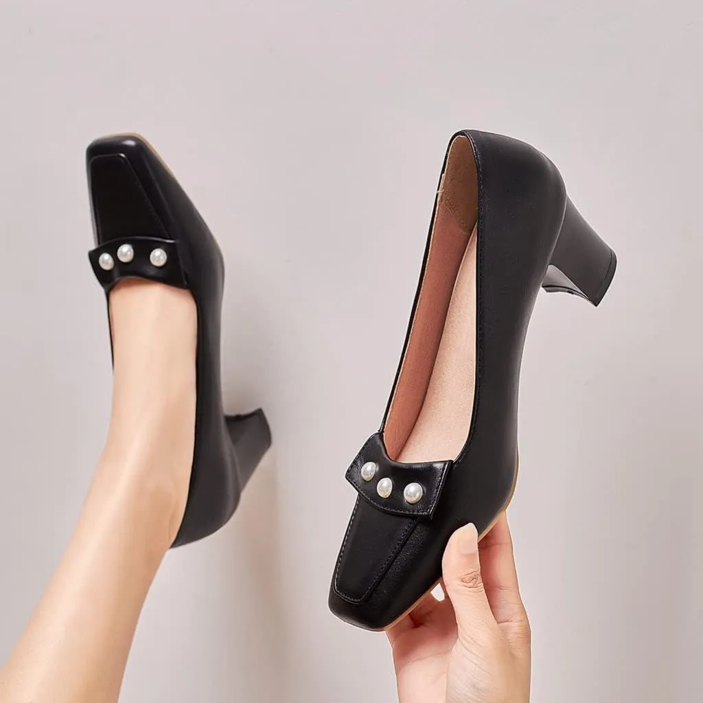 Women's Square Toe Pearls Slip On Loafers Pumps Chunky Block Mid Heels Work Office Pump Dress Shoes
