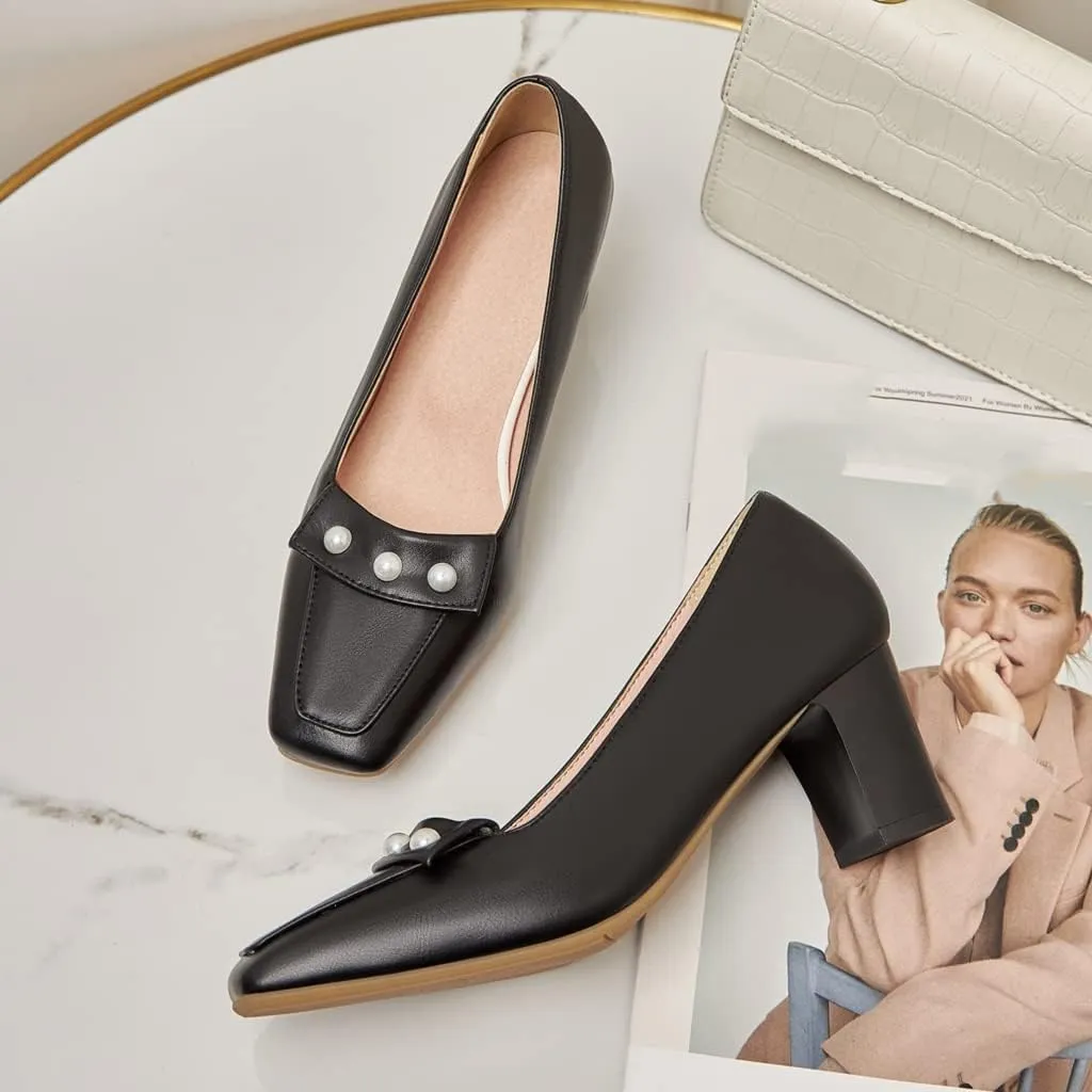Women's Square Toe Pearls Slip On Loafers Pumps Chunky Block Mid Heels Work Office Pump Dress Shoes