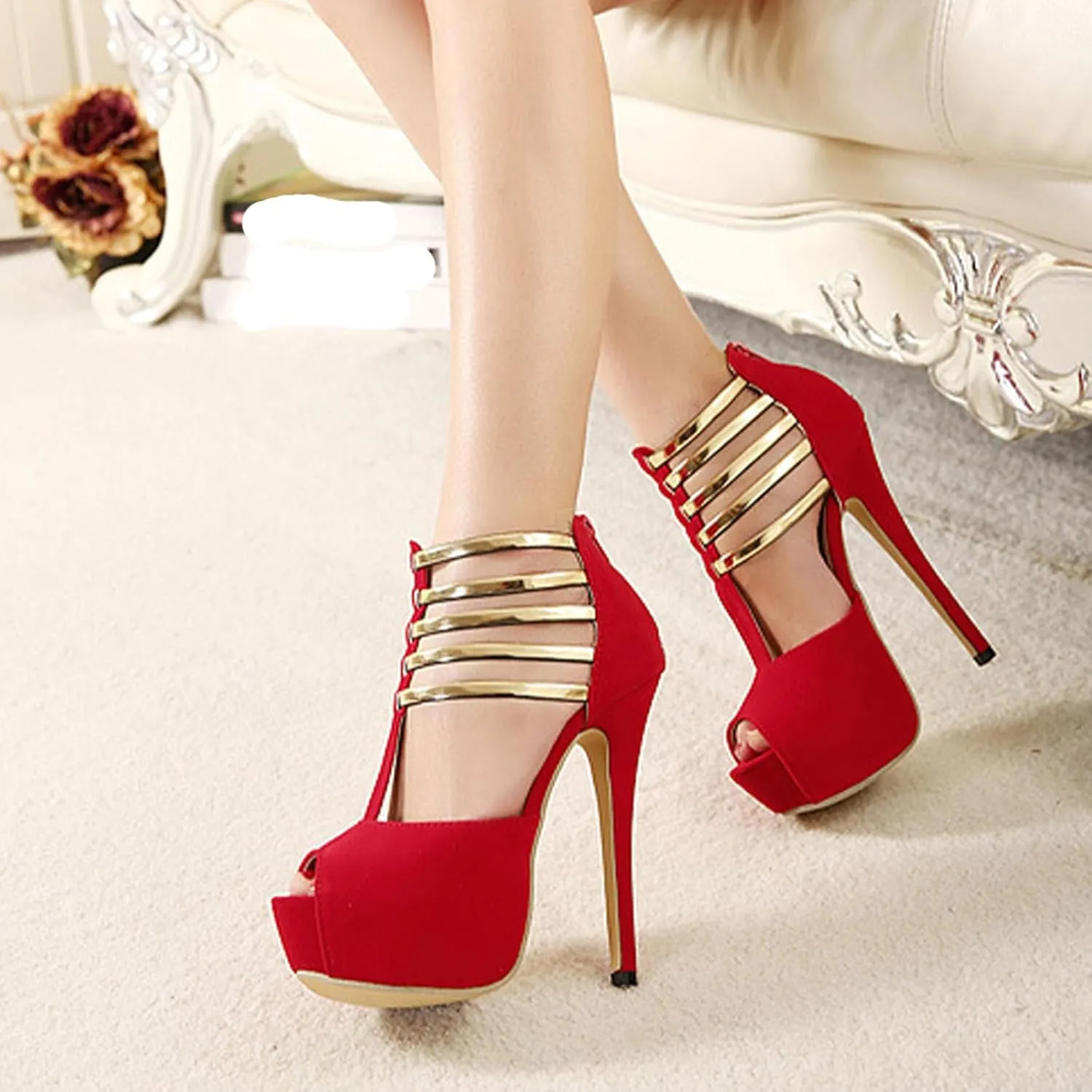 Women's Suede Open Toe Platform Stiletto High Heels Sexy Hollow T-Strap High Heels Fashion Back Zipper High Heel Sandals