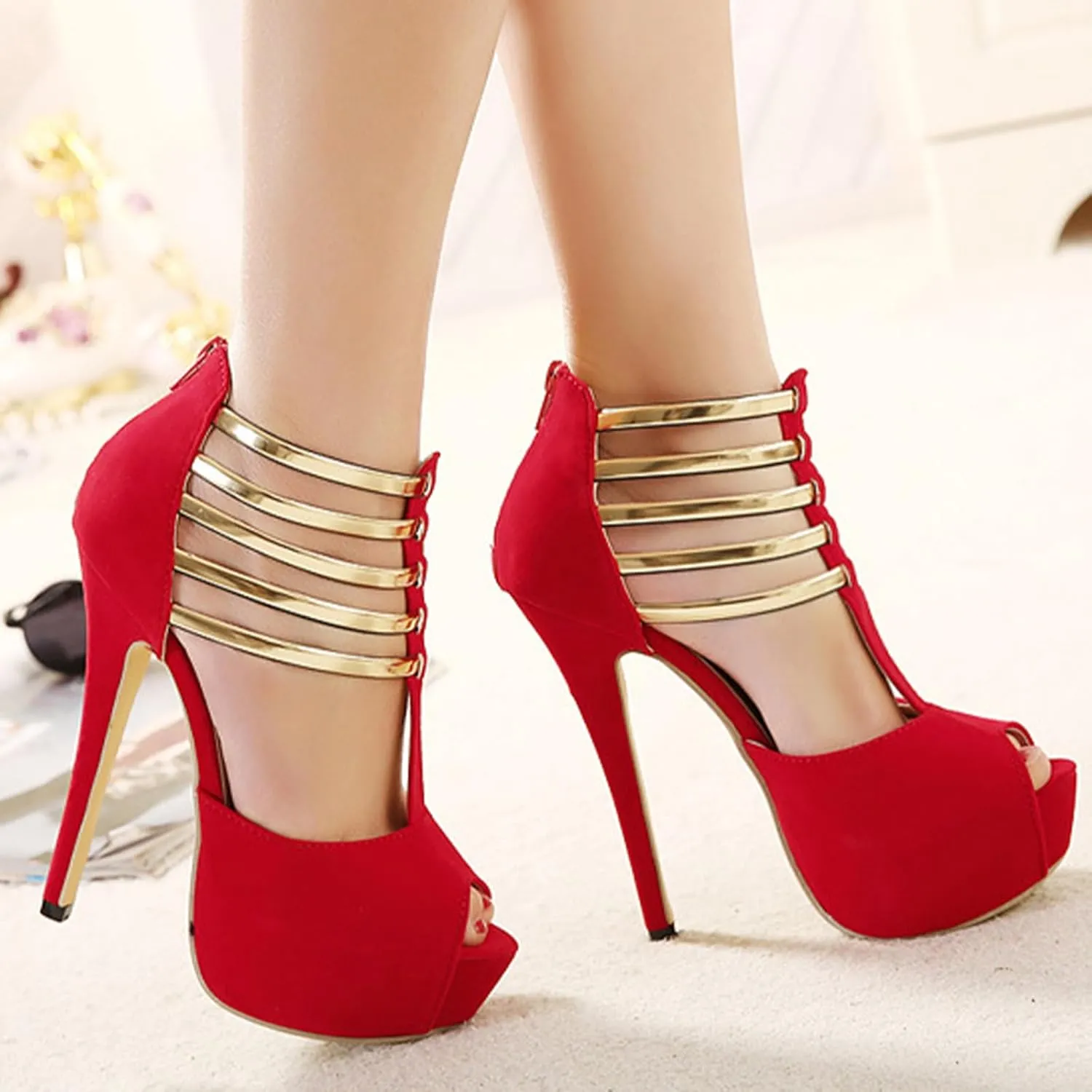 Women's Suede Open Toe Platform Stiletto High Heels Sexy Hollow T-Strap High Heels Fashion Back Zipper High Heel Sandals