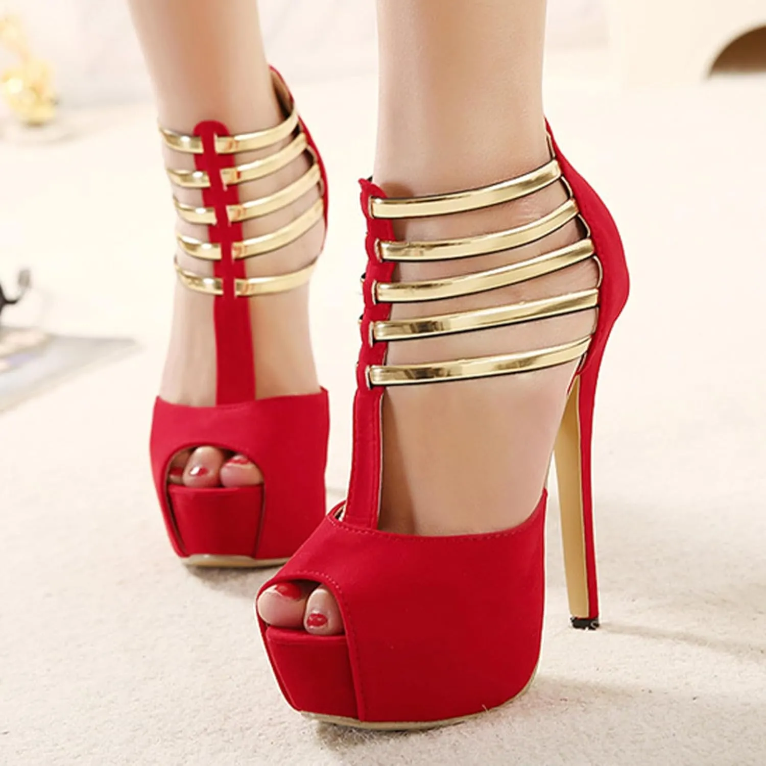 Women's Suede Open Toe Platform Stiletto High Heels Sexy Hollow T-Strap High Heels Fashion Back Zipper High Heel Sandals
