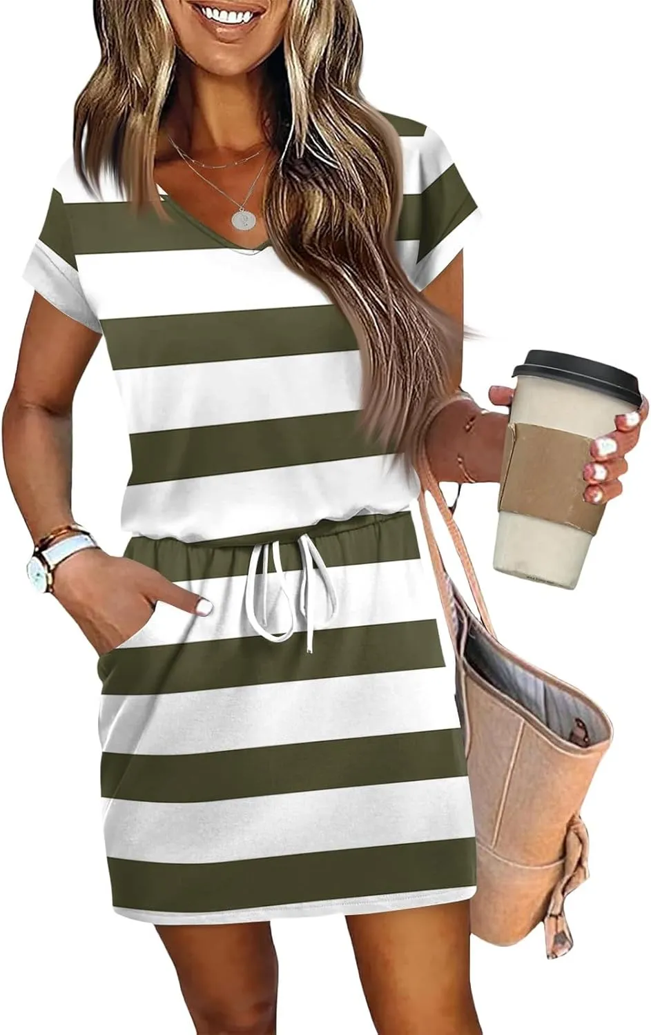 Women's Summer Tropical Print Casual Short Sleeve V-Neck Drawstring Waist Dress Casual Work Outfits