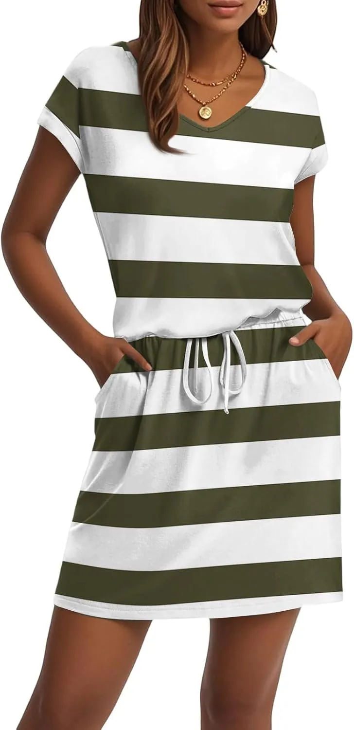 Women's Summer Tropical Print Casual Short Sleeve V-Neck Drawstring Waist Dress Casual Work Outfits