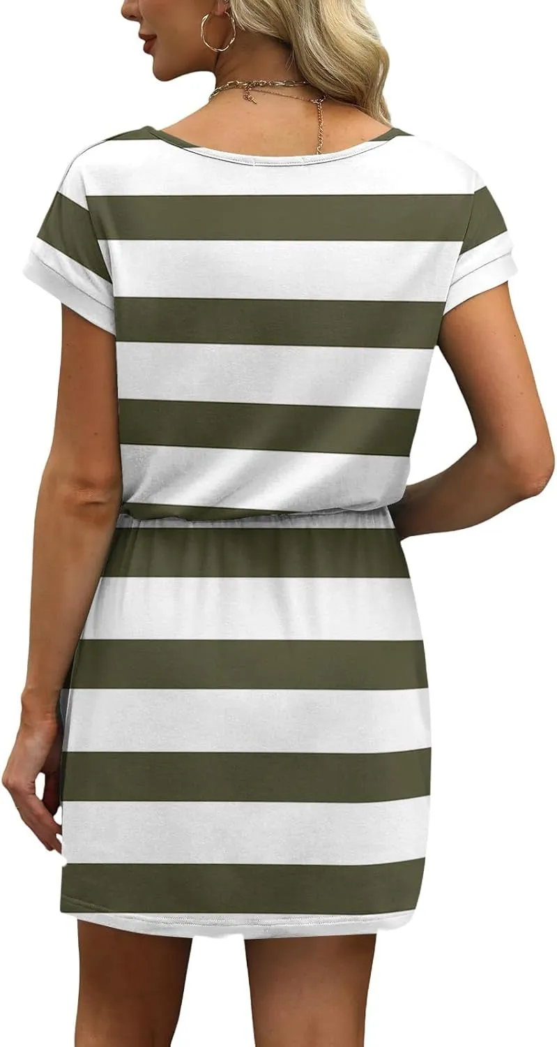 Women's Summer Tropical Print Casual Short Sleeve V-Neck Drawstring Waist Dress Casual Work Outfits