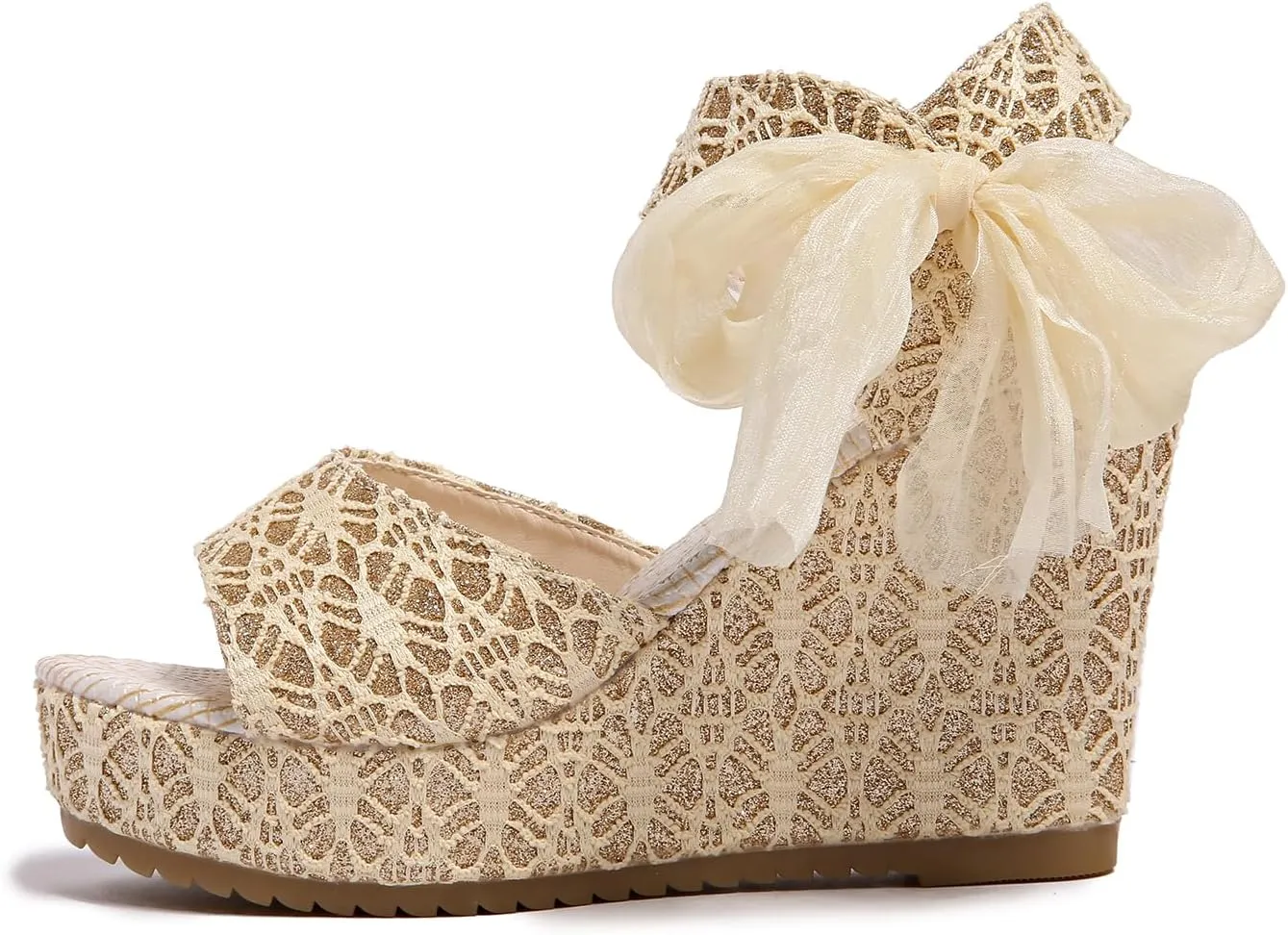 Women's Waterproof Platform Comfortable Slope Heel Sandals, One Strap Lace Pattern with Bowknot Ankle Strap, Open Toe High Heel Casual Shoes
