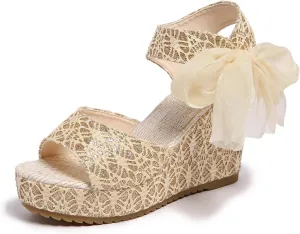 Women's Waterproof Platform Comfortable Slope Heel Sandals, One Strap Lace Pattern with Bowknot Ankle Strap, Open Toe High Heel Casual Shoes