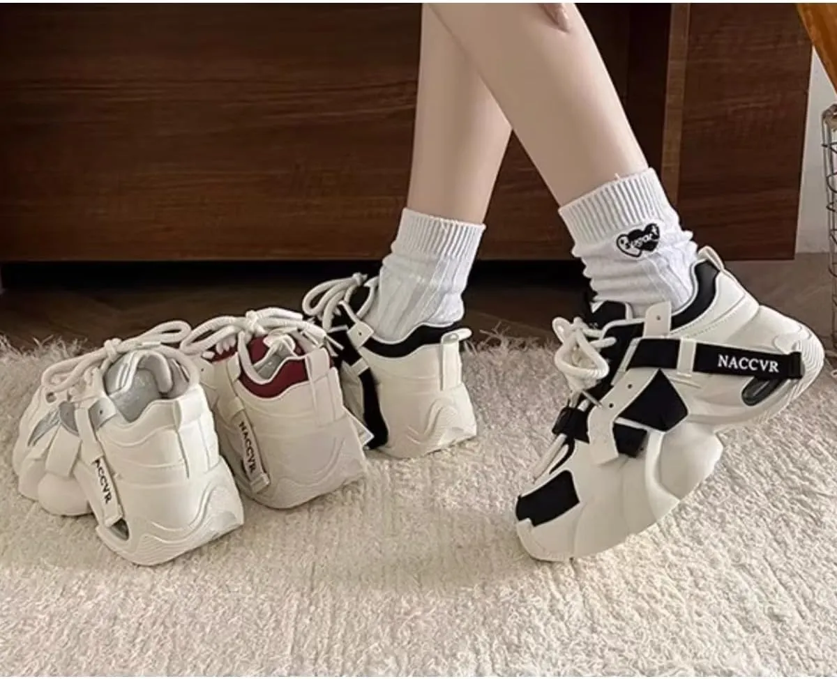 Women's Y2K 2 Inches Chunky Platform Dad Shoes - Retro Streetwear Fashion Sneakers with Pull Tabs, Comfortable Thick Sole Casual Shoes (Beige/Black, Beige/Red, Beige)