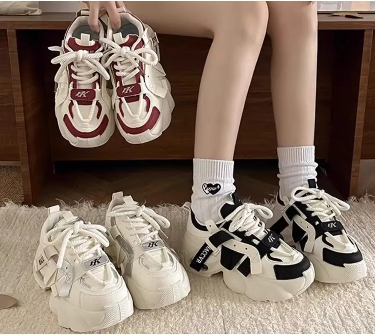 Women's Y2K 2 Inches Chunky Platform Dad Shoes - Retro Streetwear Fashion Sneakers with Pull Tabs, Comfortable Thick Sole Casual Shoes (Beige/Black, Beige/Red, Beige)