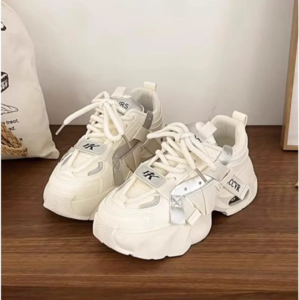 Women's Y2K 2 Inches Chunky Platform Dad Shoes - Retro Streetwear Fashion Sneakers with Pull Tabs, Comfortable Thick Sole Casual Shoes (Beige/Black, Beige/Red, Beige)