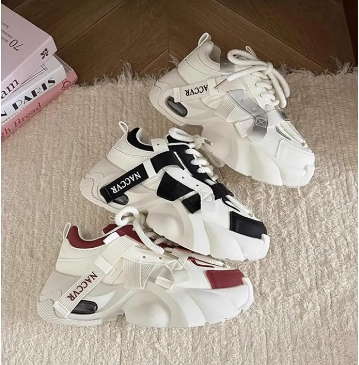 Women's Y2K 2 Inches Chunky Platform Dad Shoes - Retro Streetwear Fashion Sneakers with Pull Tabs, Comfortable Thick Sole Casual Shoes (Beige/Black, Beige/Red, Beige)