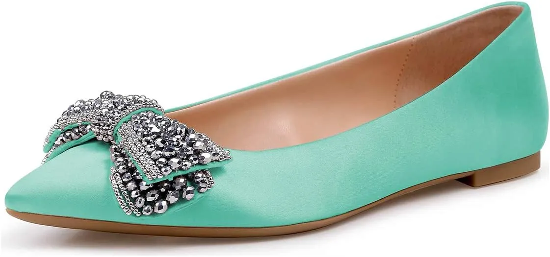 XYD Women Classic Pointy Toe Ballet Flats Rhinestone Bows Slip On Basic Office Dress Satin Shoes