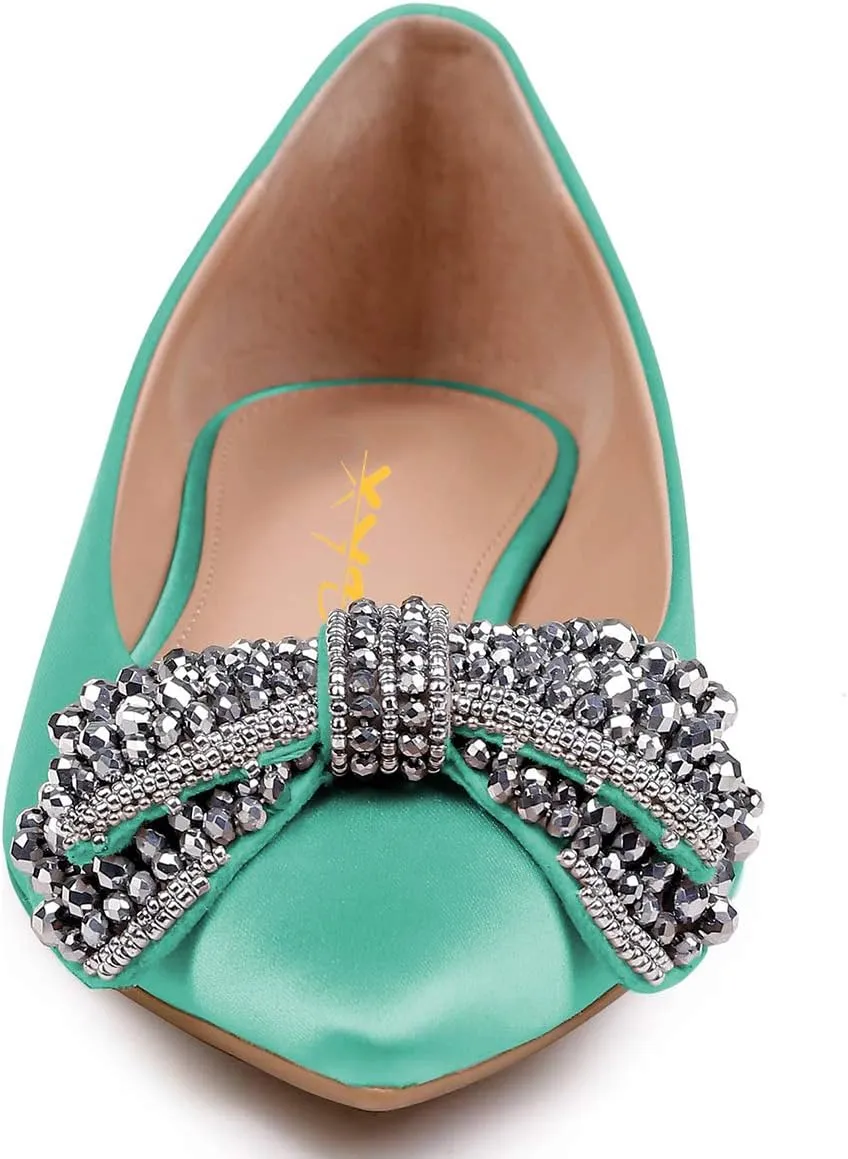 XYD Women Classic Pointy Toe Ballet Flats Rhinestone Bows Slip On Basic Office Dress Satin Shoes